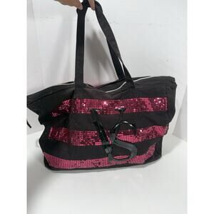 Victoria's Secret VS Logo Black Pink Sequined Tote/purse Bag Duffle Large